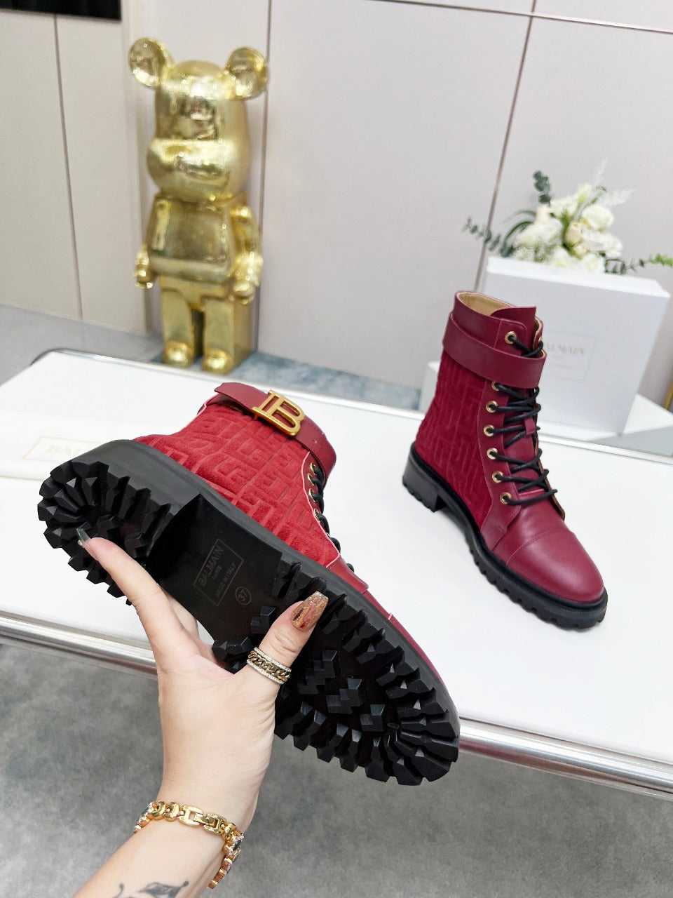 BALMAIN 26S BOOTS IN DARK RED CALFSKIN AND SUEDE