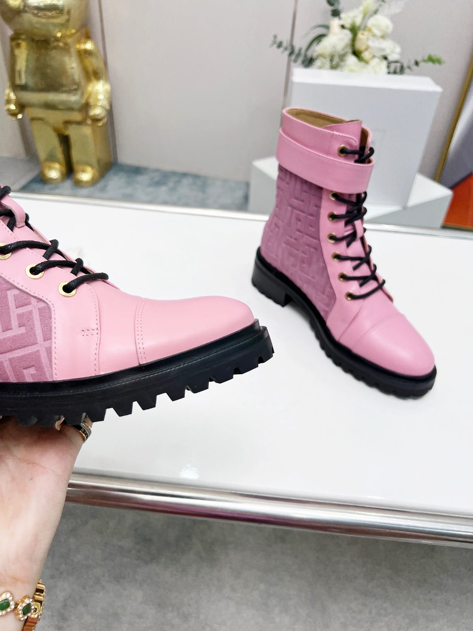 BALMAIN 26S BOOTS IN LIGHT PINK CALFSKIN AND SUEDE
