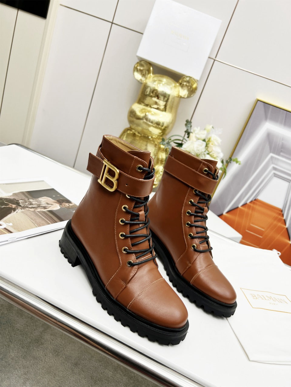 BALMAIN 26S BOOTS IN BROWN CALFSKIN