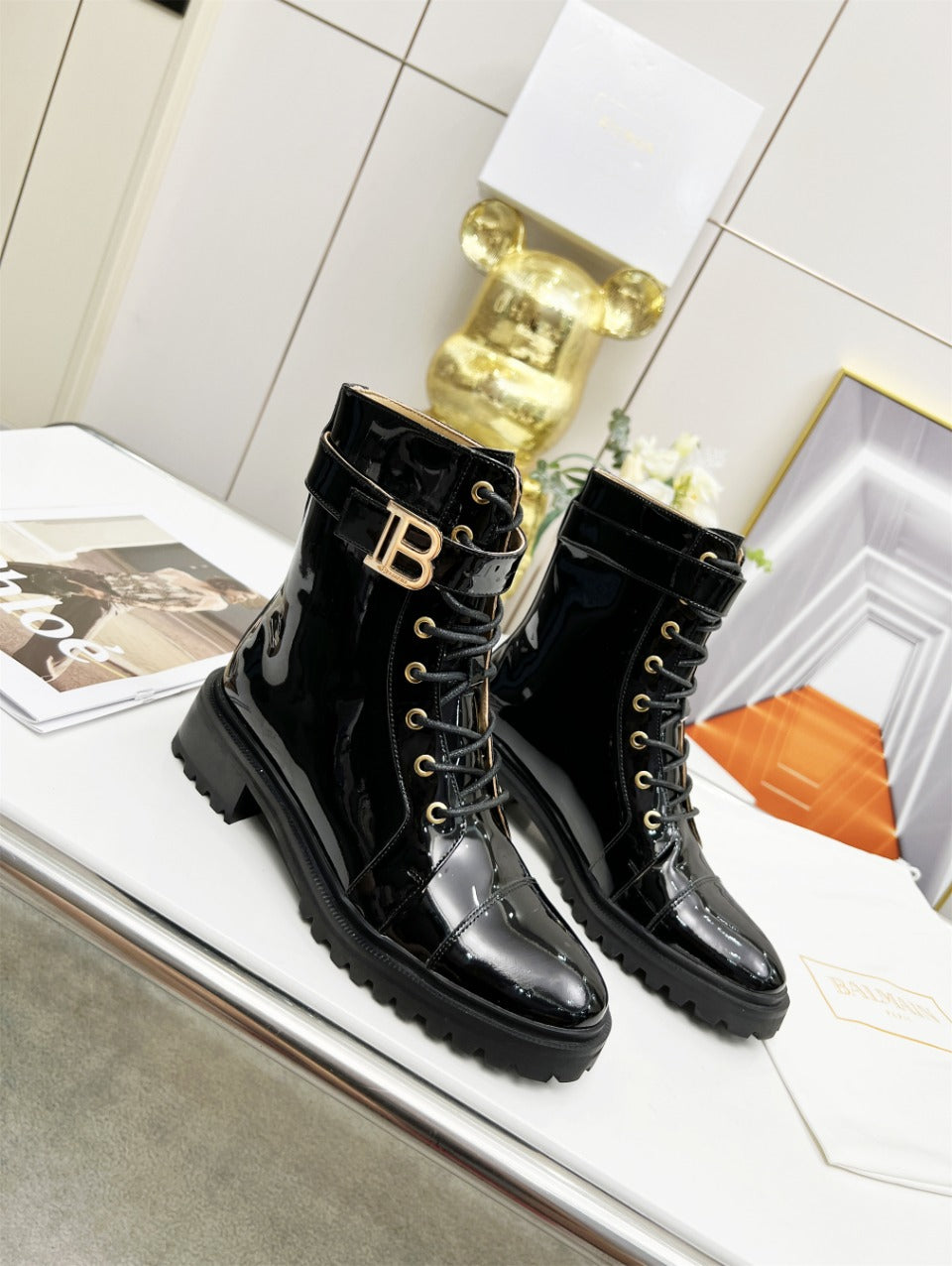 BALMAIN 26S BOOTS IN BLACK GLOSSY CALFSKIN