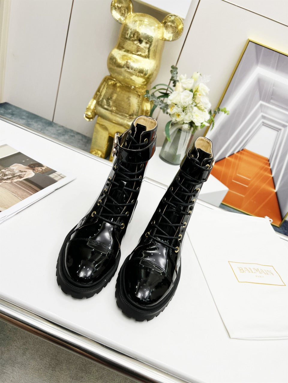 BALMAIN 26S BOOTS IN BLACK GLOSSY CALFSKIN