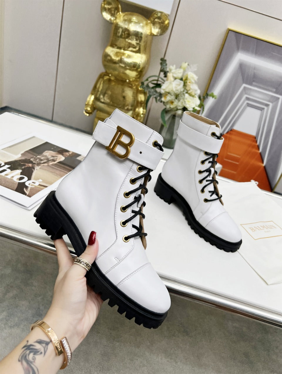 BALMAIN 26S BOOTS IN WHITE CALFSKIN