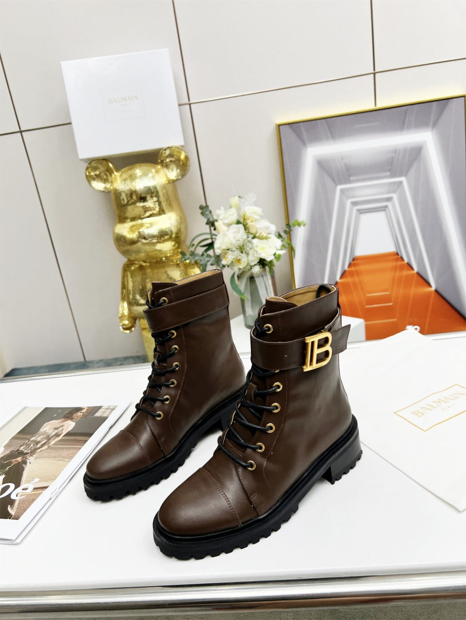 BALMAIN 26S BOOTS IN DARK BROWN CALFSKIN