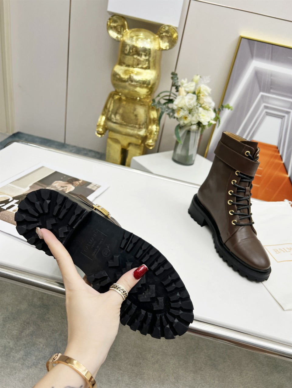 BALMAIN 26S BOOTS IN DARK BROWN CALFSKIN