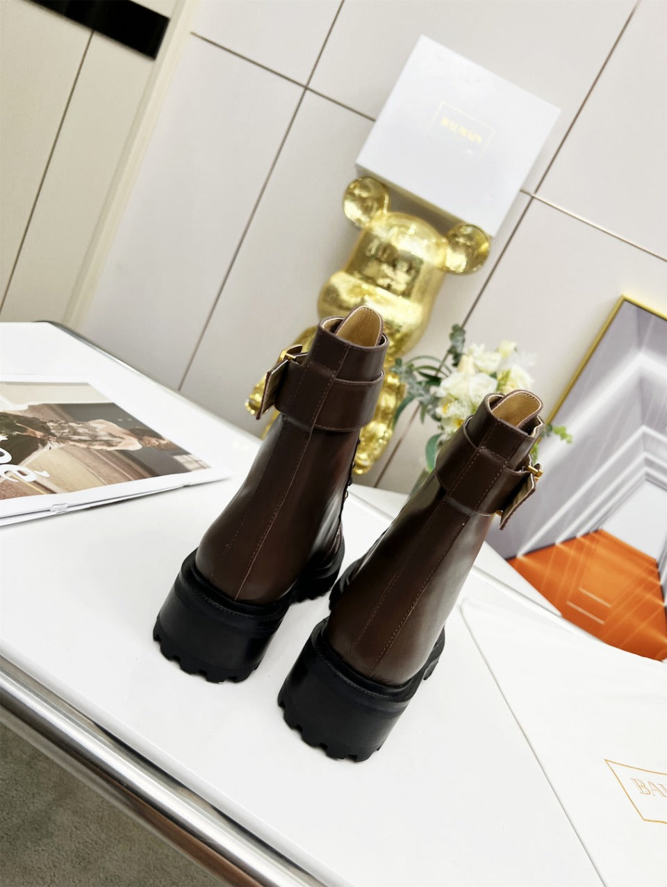 BALMAIN 26S BOOTS IN DARK BROWN CALFSKIN