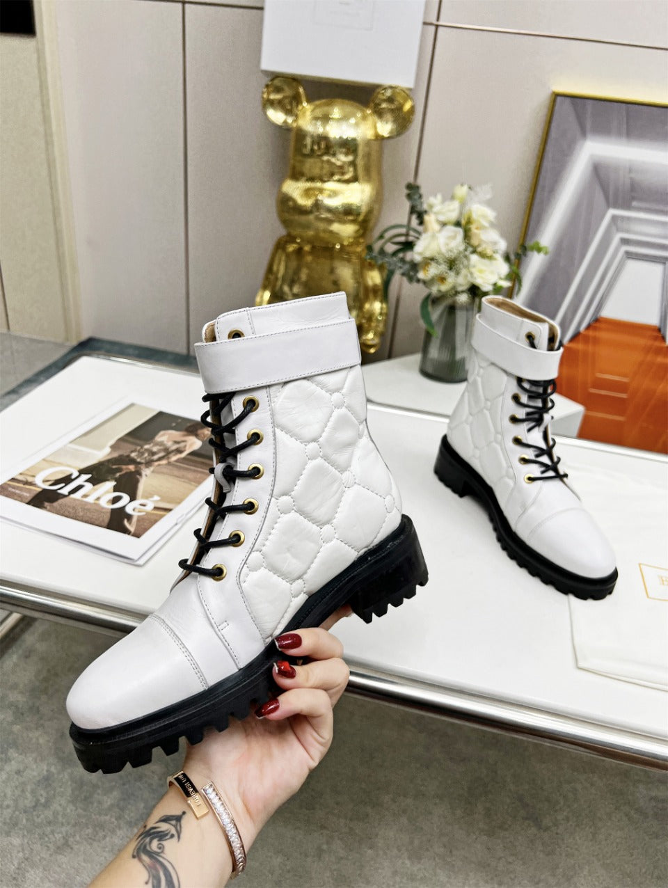 BALMAIN 26S COMBAT BOOTS IN WHITE CALFSKIN