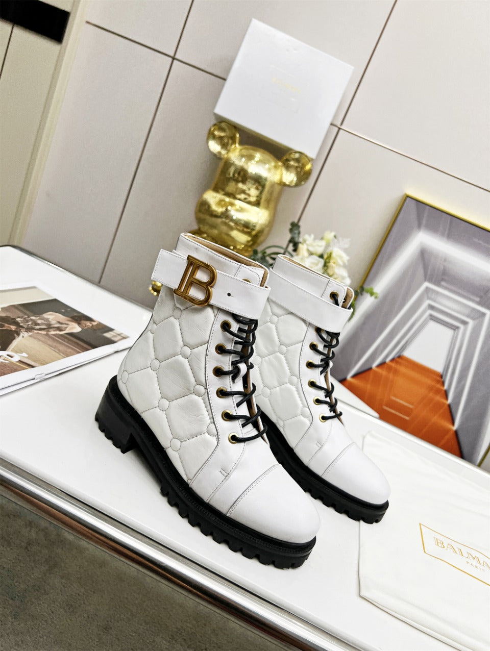 BALMAIN 26S COMBAT BOOTS IN WHITE CALFSKIN
