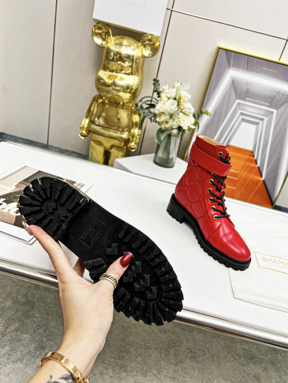 BALMAIN 26S COMBAT BOOTS IN RED CALFSKIN