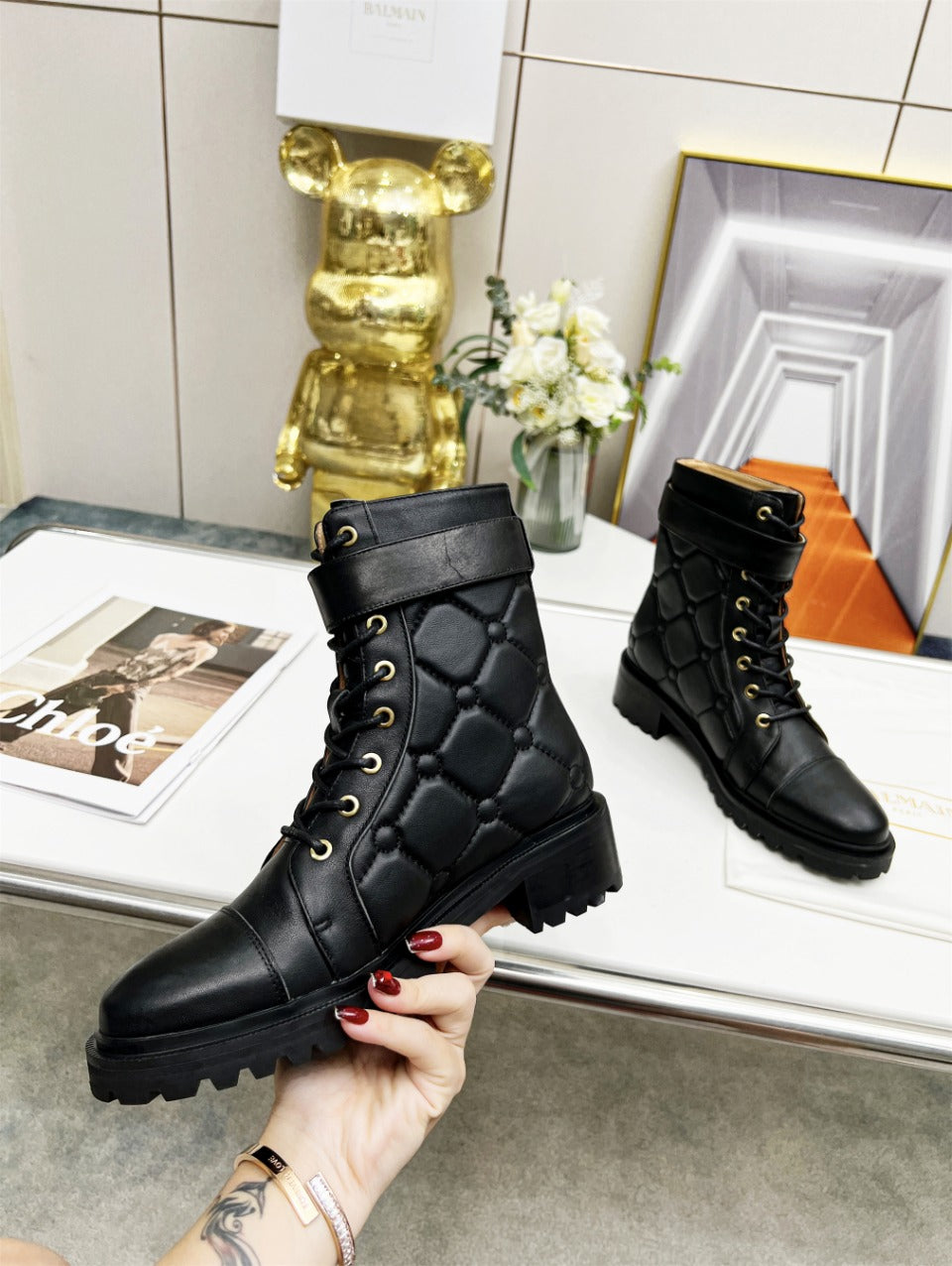 BALMAIN 26S COMBAT BOOTS IN BLACK CALFSKIN