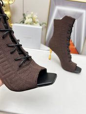BALMAIN 26S LACE UP OPEN TOE BOOTS 95 MM IN DARK BROWN FLYKNIT