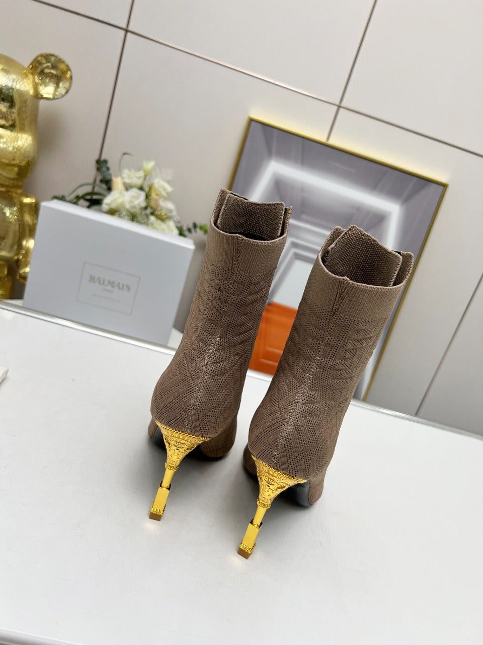 BALMAIN 26S LACE UP OPEN TOE BOOTS 95 MM IN GRAYISH BROWN FLYKNIT