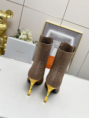 BALMAIN 26S LACE UP OPEN TOE BOOTS 95 MM IN GRAYISH BROWN FLYKNIT