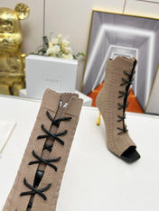 BALMAIN 26S LACE UP OPEN TOE BOOTS 95 MM IN GRAYISH BROWN FLYKNIT