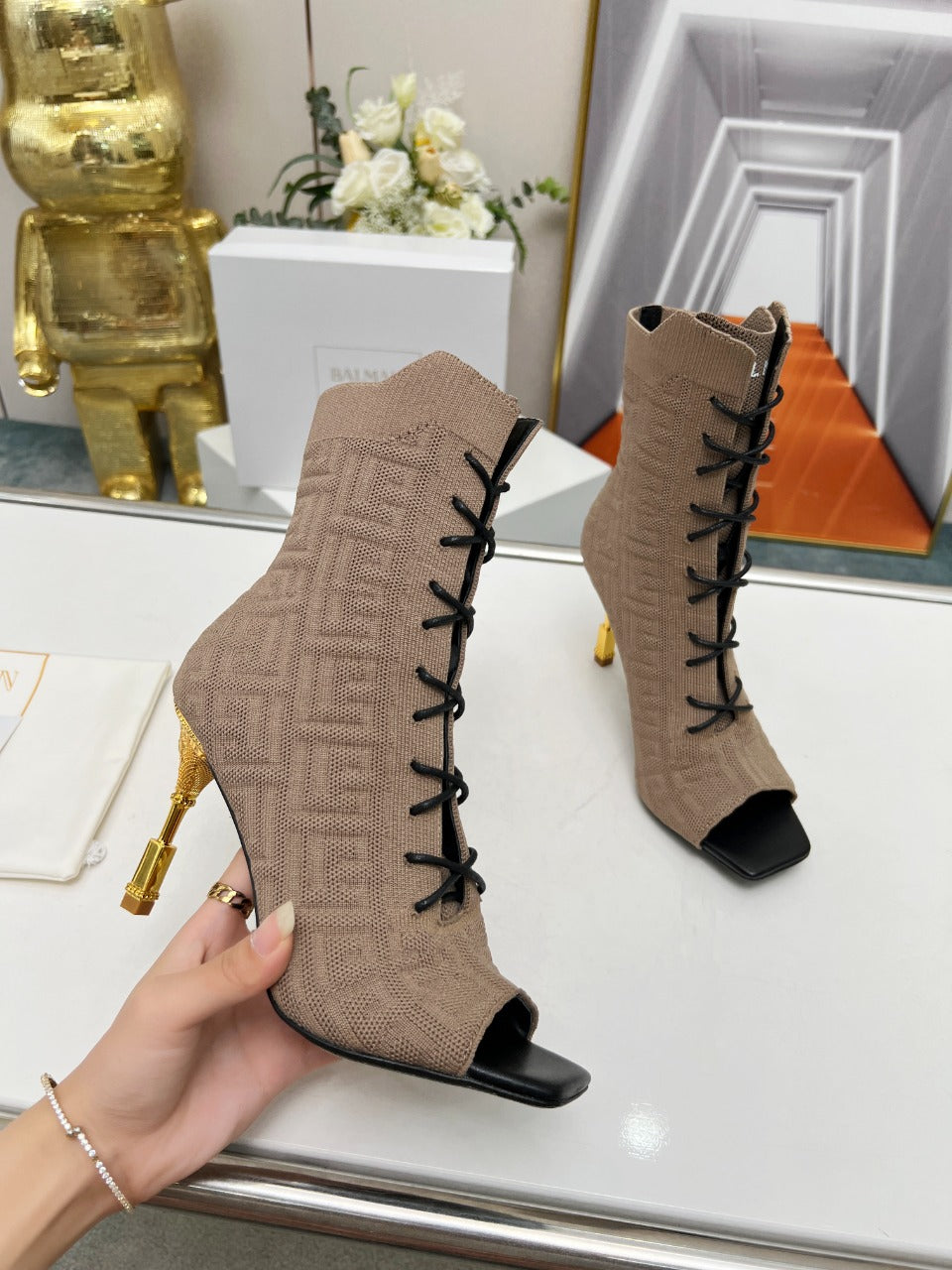 BALMAIN 26S LACE UP OPEN TOE BOOTS 95 MM IN GRAYISH BROWN FLYKNIT