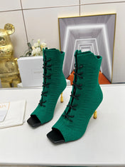BALMAIN 26S LACE UP OPEN TOE BOOTS 95 MM IN GREEN FLYKNIT