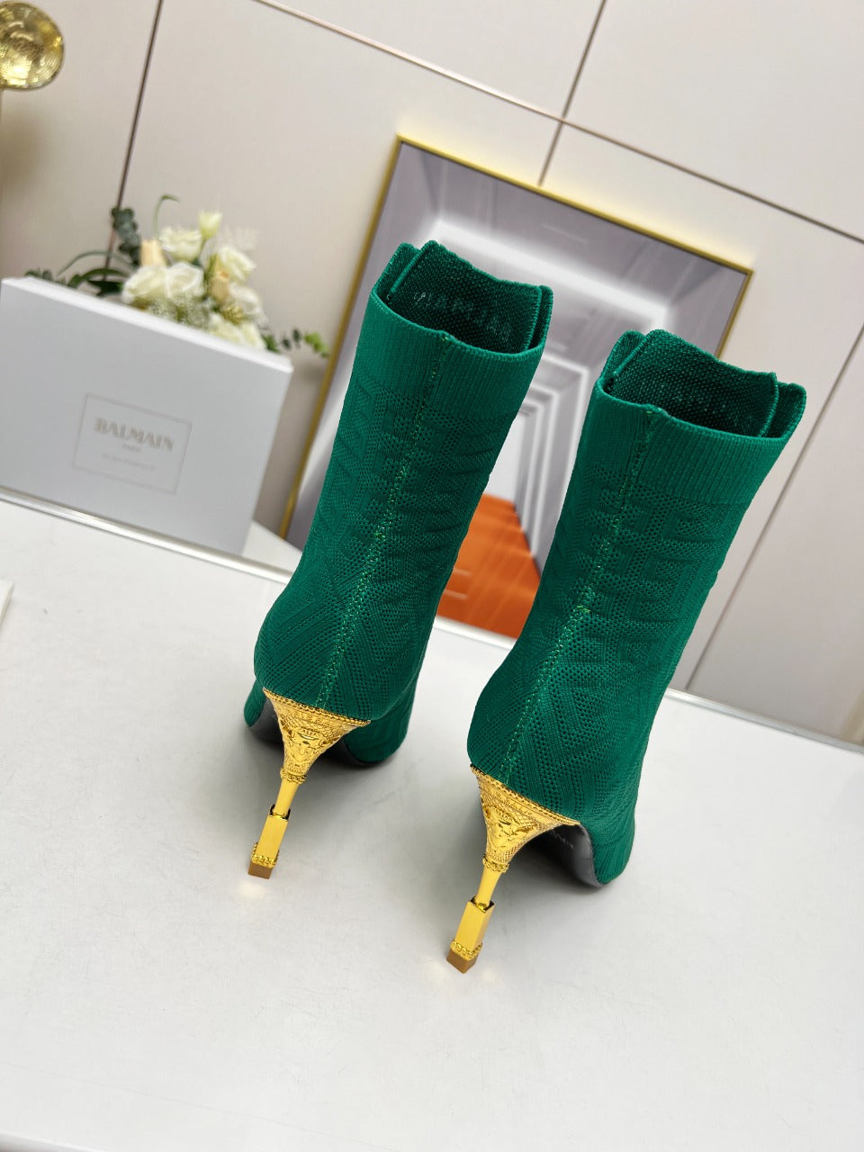 BALMAIN 26S LACE UP OPEN TOE BOOTS 95 MM IN GREEN FLYKNIT