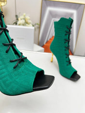 BALMAIN 26S LACE UP OPEN TOE BOOTS 95 MM IN GREEN FLYKNIT