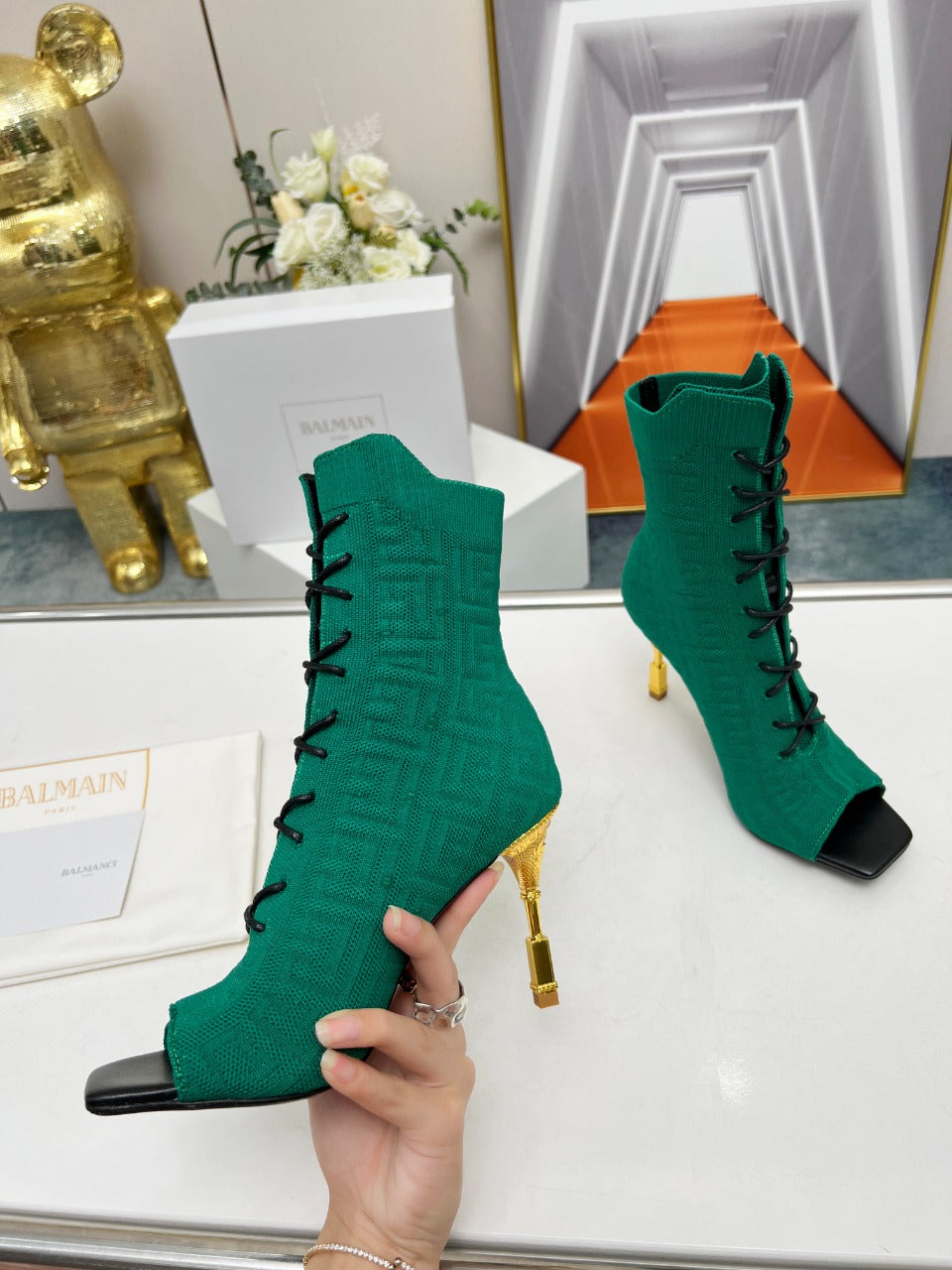 BALMAIN 26S LACE UP OPEN TOE BOOTS 95 MM IN GREEN FLYKNIT