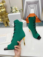 BALMAIN 26S LACE UP OPEN TOE BOOTS 95 MM IN GREEN FLYKNIT