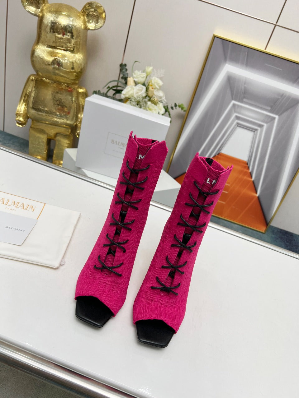 BALMAIN 26S LACE UP OPEN TOE BOOTS 95 MM IN PINK FLYKNIT