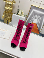 BALMAIN 26S LACE UP OPEN TOE BOOTS 95 MM IN PINK FLYKNIT