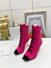 BALMAIN 26S LACE UP OPEN TOE BOOTS 95 MM IN PINK FLYKNIT