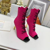 BALMAIN 26S LACE UP OPEN TOE BOOTS 95 MM IN PINK FLYKNIT