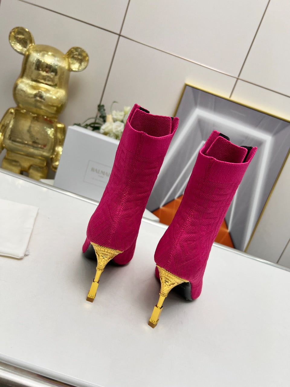 BALMAIN 26S LACE UP OPEN TOE BOOTS 95 MM IN PINK FLYKNIT