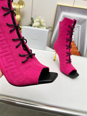 BALMAIN 26S LACE UP OPEN TOE BOOTS 95 MM IN PINK FLYKNIT