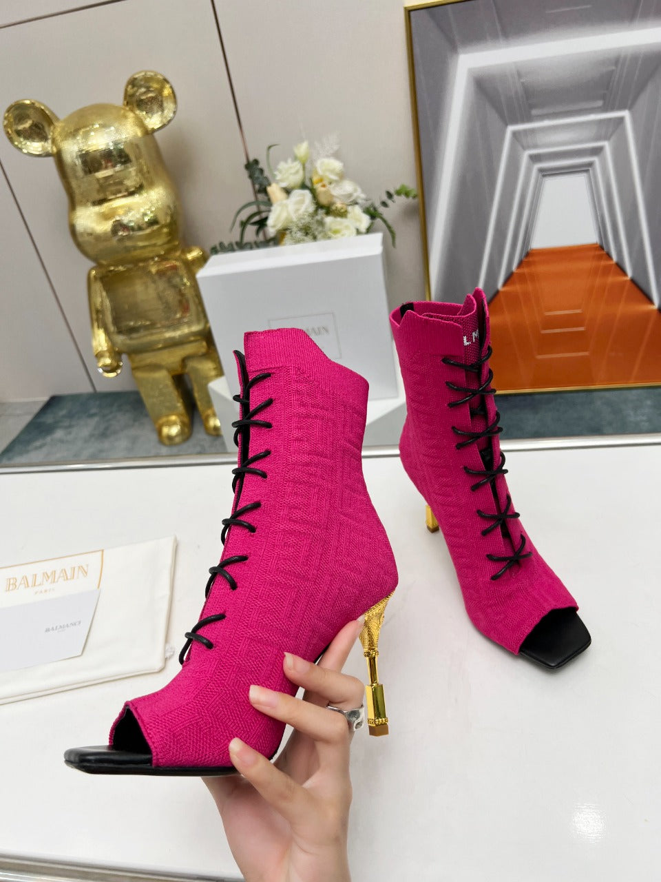 BALMAIN 26S LACE UP OPEN TOE BOOTS 95 MM IN PINK FLYKNIT