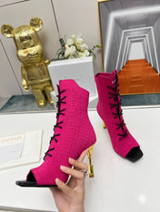 BALMAIN 26S LACE UP OPEN TOE BOOTS 95 MM IN PINK FLYKNIT