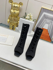 BALMAIN 26S LACE UP OPEN TOE BOOTS 95 MM IN BLACK FLYKNIT