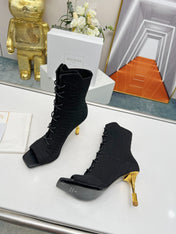 BALMAIN 26S LACE UP OPEN TOE BOOTS 95 MM IN BLACK FLYKNIT