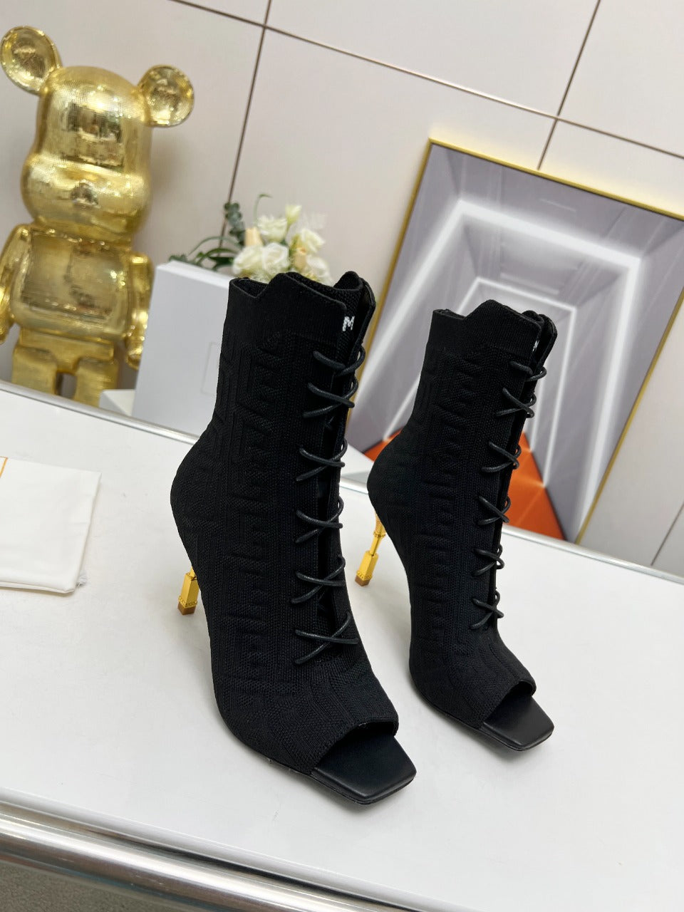 BALMAIN 26S LACE UP OPEN TOE BOOTS 95 MM IN BLACK FLYKNIT