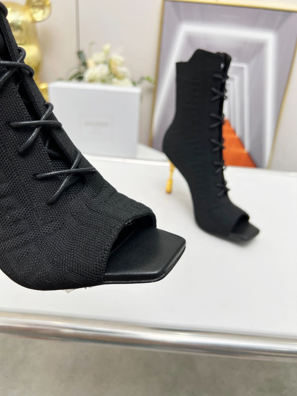 BALMAIN 26S LACE UP OPEN TOE BOOTS 95 MM IN BLACK FLYKNIT