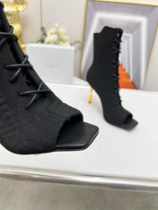 BALMAIN 26S LACE UP OPEN TOE BOOTS 95 MM IN BLACK FLYKNIT