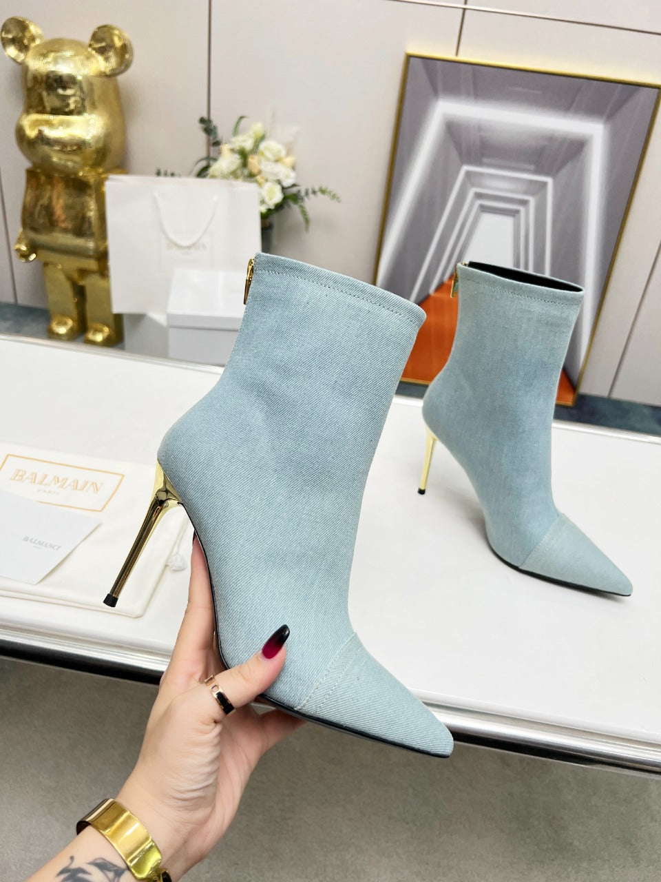 BALMAIN 26S BOOTS 95 MM IN LIGHT BLUE DENIM