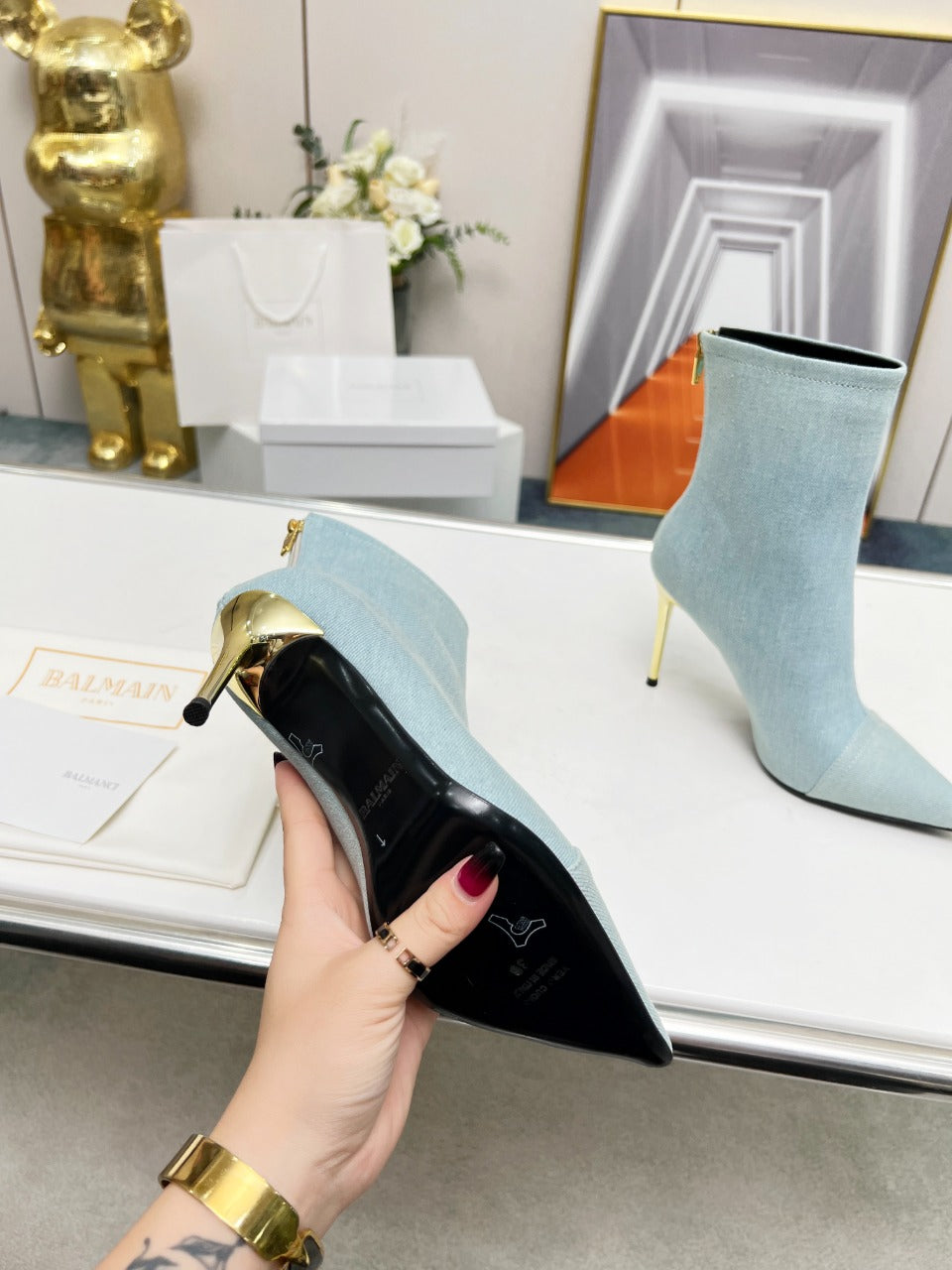 BALMAIN 26S BOOTS 95 MM IN LIGHT BLUE DENIM