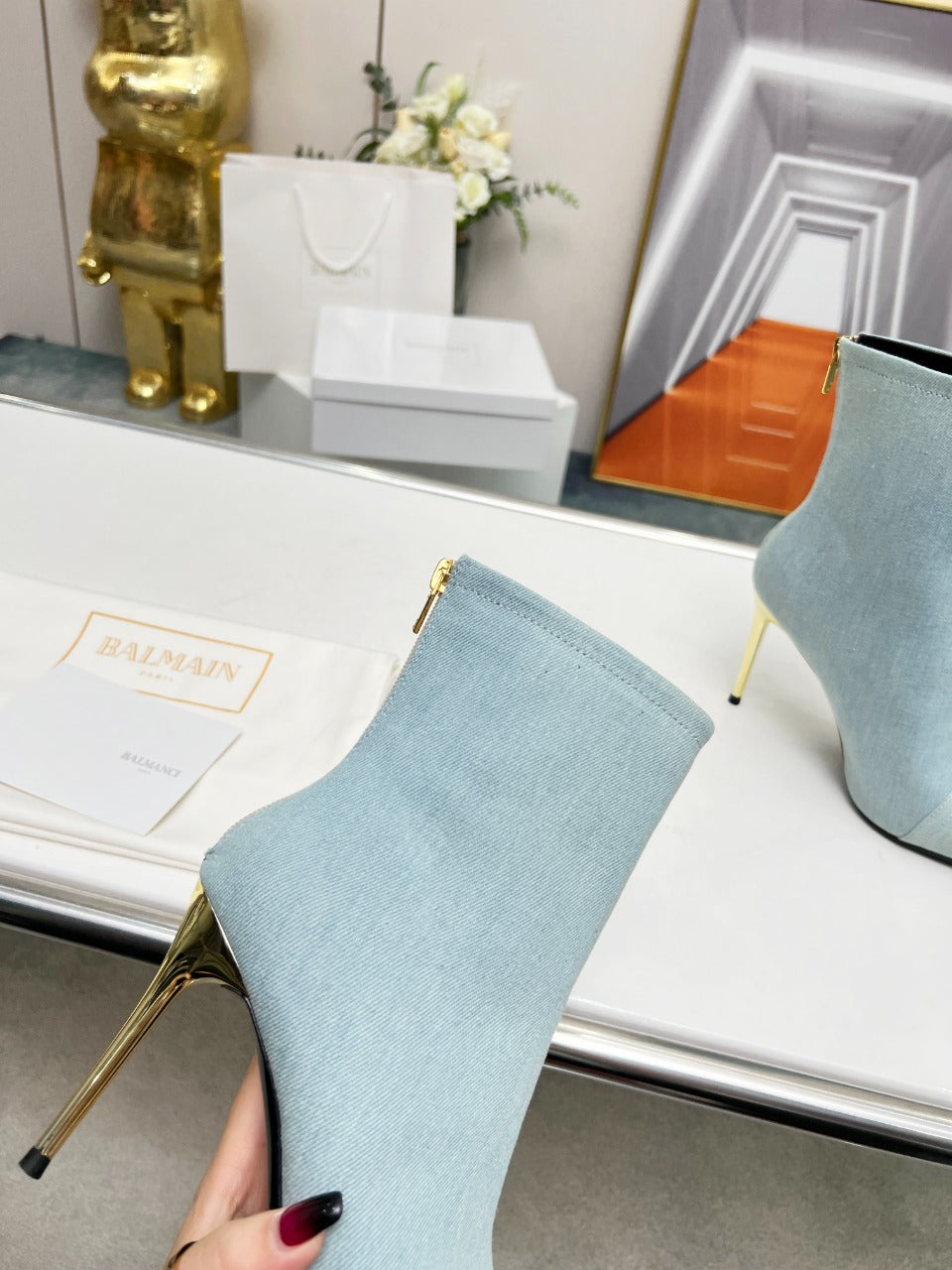 BALMAIN 26S BOOTS 95 MM IN LIGHT BLUE DENIM