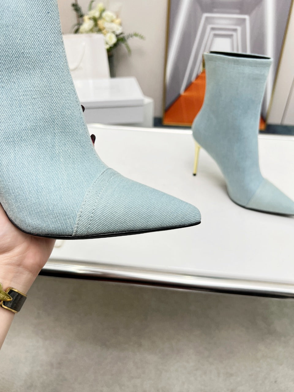 BALMAIN 26S BOOTS 95 MM IN LIGHT BLUE DENIM