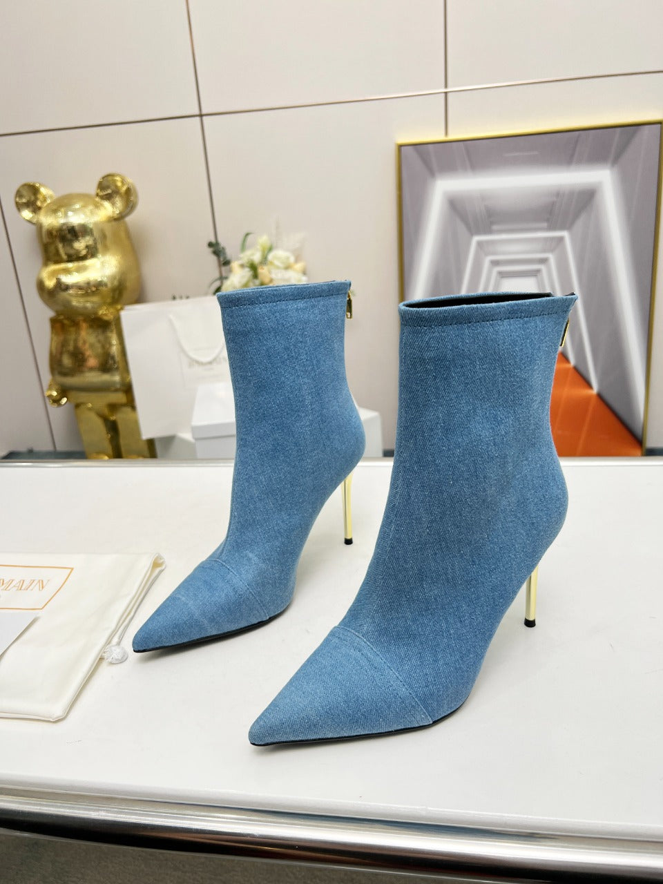 BALMAIN 26S BOOTS 95 MM IN BLUE DENIM