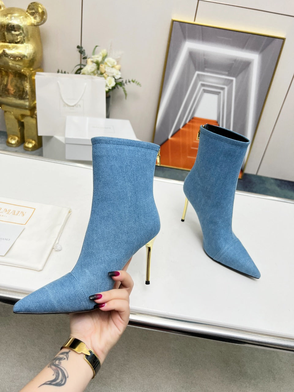 BALMAIN 26S BOOTS 95 MM IN BLUE DENIM