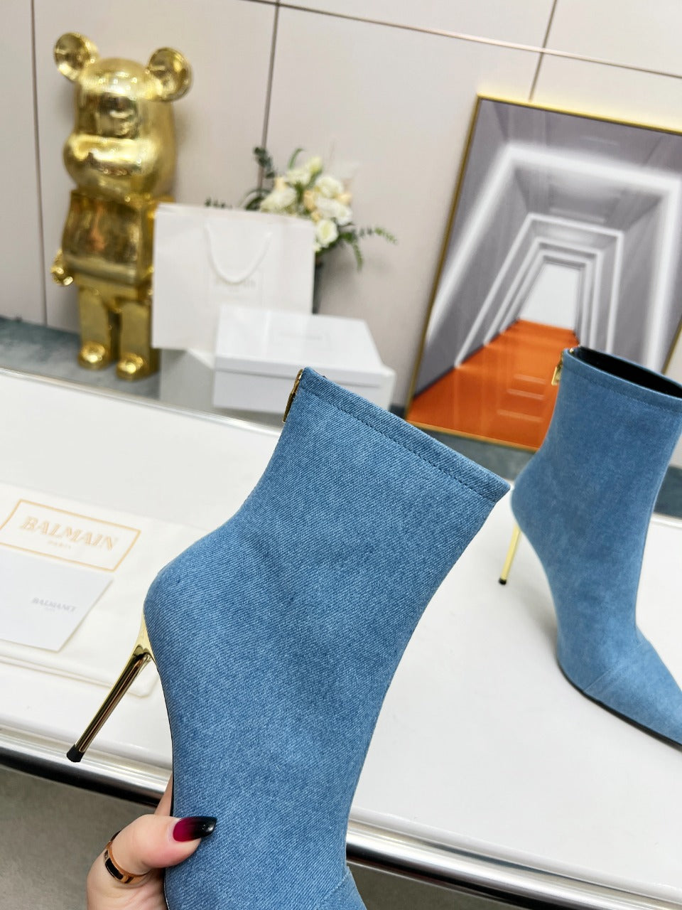 BALMAIN 26S BOOTS 95 MM IN BLUE DENIM