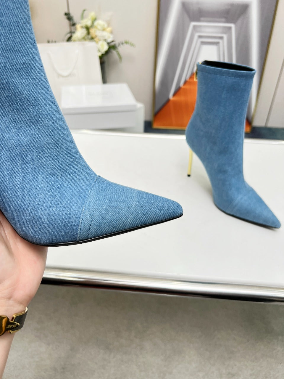 BALMAIN 26S BOOTS 95 MM IN BLUE DENIM