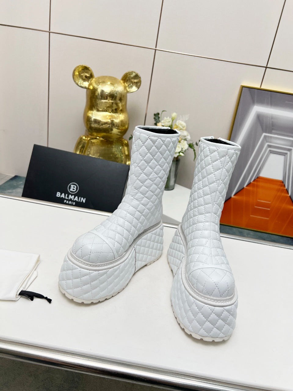 BALMAIN 26S PLATFORM BOOTS 100 MM IN WHITE LAMBSKIN