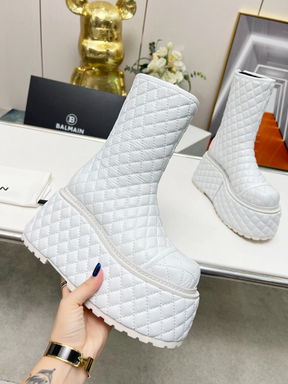 BALMAIN 26S PLATFORM BOOTS 100 MM IN WHITE LAMBSKIN