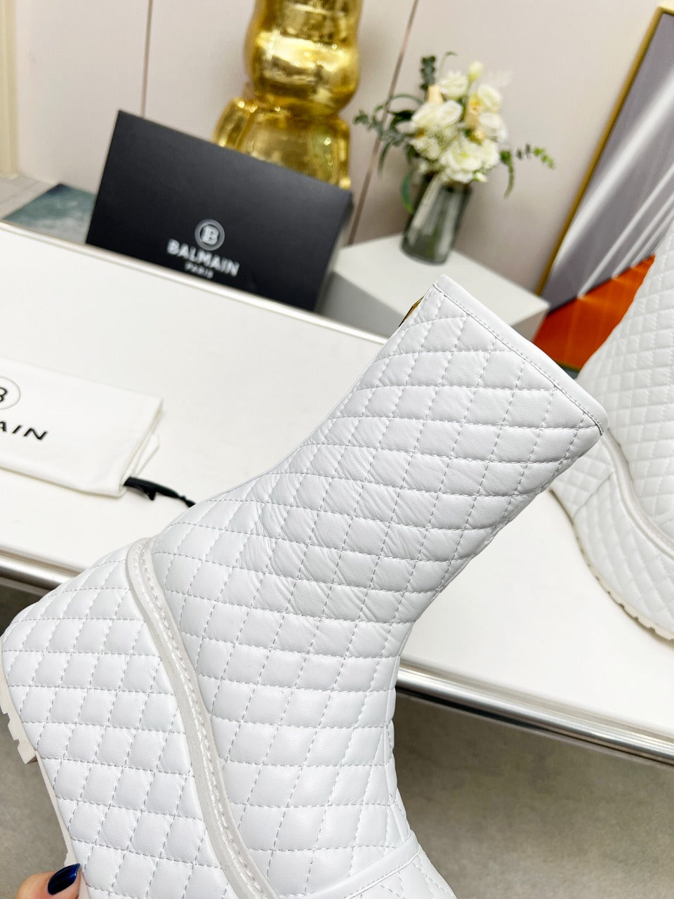 BALMAIN 26S PLATFORM BOOTS 100 MM IN WHITE LAMBSKIN