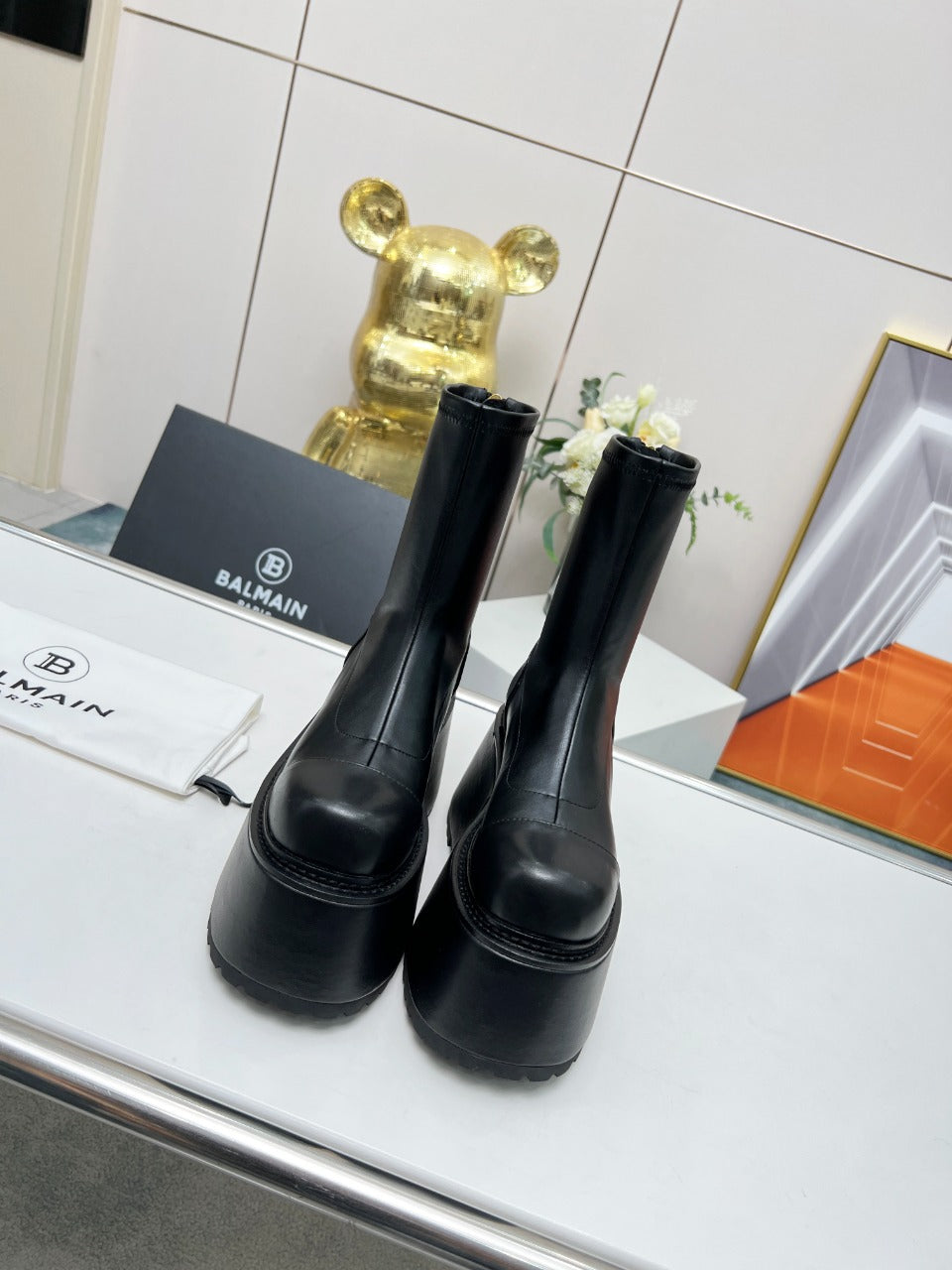 BALMAIN 26S PLATFORM BOOTS 100 MM IN BLACK CALFSKIN