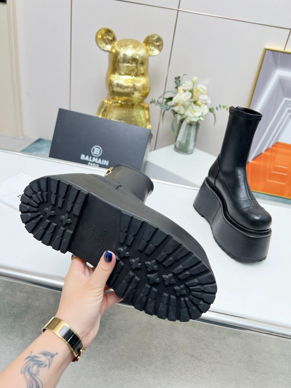 BALMAIN 26S PLATFORM BOOTS 100 MM IN BLACK CALFSKIN