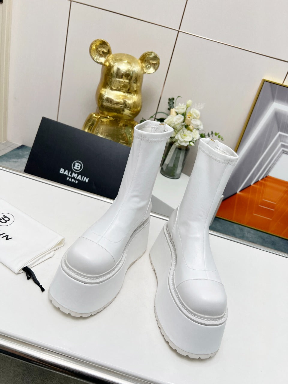 BALMAIN 26S PLATFORM BOOTS 100 MM IN WHITE CALFSKIN